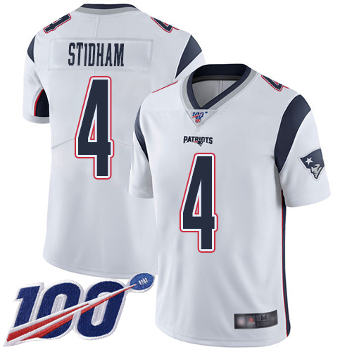 New England Patriots Limited White Men 4 Jarrett Stidham Road NFL Jersey 100th Season